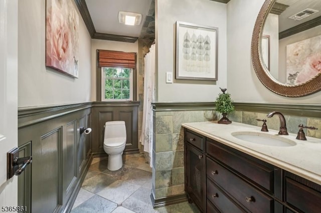 27 Wesley Ct, New Providence Boro, NJ 07974 - bathroom with vanity, crown molding, a wainscoted wall, curtained shower, and tile patterned floors