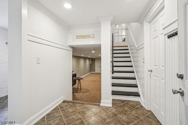 27 Wesley Ct, New Providence Boro, NJ 07974 - stairway with tile patterned floors, carpet floors, and recessed lighting