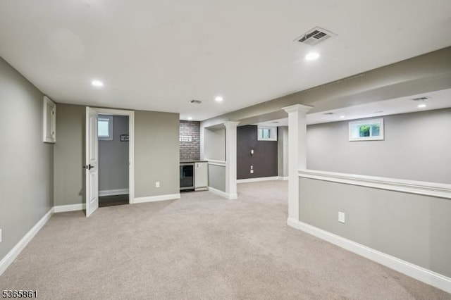 27 Wesley Ct, New Providence Boro, NJ 07974 - below grade area with wine cooler, light carpet, and recessed lighting