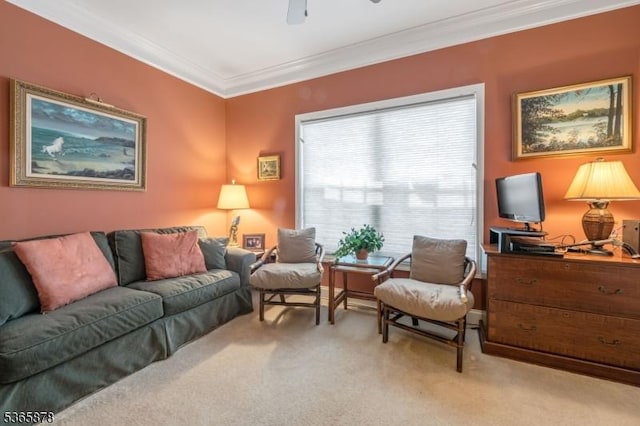 7108 Ravenscroft Rd Unit 7108, Clifton City, NJ 07013 - living area with crown molding, light colored carpet, and a ceiling fan