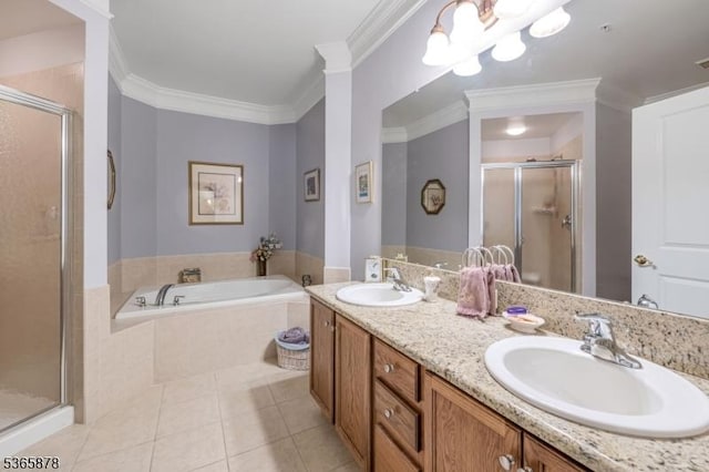 7108 Ravenscroft Rd Unit 7108, Clifton City, NJ 07013 - bathroom featuring a shower stall, tile patterned floors, double vanity, a bath, and ornamental molding