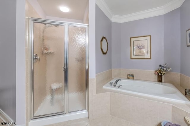 7108 Ravenscroft Rd Unit 7108, Clifton City, NJ 07013 - full bath with a shower stall, a garden tub, tile patterned flooring, and ornamental molding