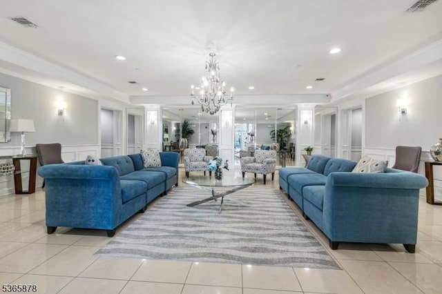 7108 Ravenscroft Rd Unit 7108, Clifton City, NJ 07013 - living area featuring a decorative wall, light tile patterned floors, a wainscoted wall, crown molding, and a chandelier