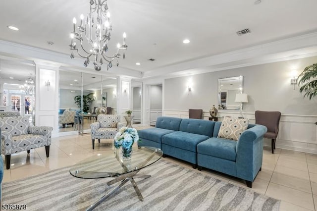 7108 Ravenscroft Rd Unit 7108, Clifton City, NJ 07013 - living area with a decorative wall, light tile patterned flooring, ornamental molding, a chandelier, and wainscoting