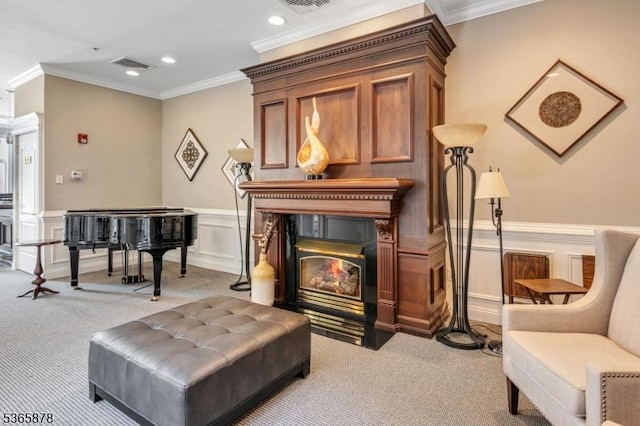 7108 Ravenscroft Rd Unit 7108, Clifton City, NJ 07013 - living area with light colored carpet, a fireplace with flush hearth, ornamental molding, wainscoting, and a decorative wall