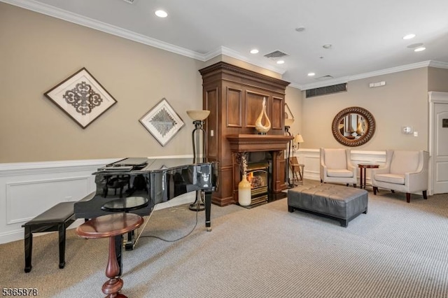 7108 Ravenscroft Rd Unit 7108, Clifton City, NJ 07013 - living area with light carpet, ornamental molding, a fireplace with flush hearth, recessed lighting, and a wainscoted wall