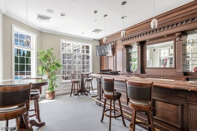 7108 Ravenscroft Rd Unit 7108, Clifton City, NJ 07013 - indoor dry bar featuring carpet, ornamental molding, and pendant lighting