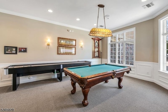 7108 Ravenscroft Rd Unit 7108, Clifton City, NJ 07013 - game room with carpet floors, crown molding, recessed lighting, a wainscoted wall, and billiards table