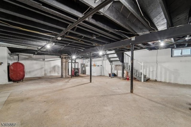 62 Rt46, Mine Hill Twp, NJ 07803 - basement featuring water heater, stairs, washing machine and dryer, and oil tank