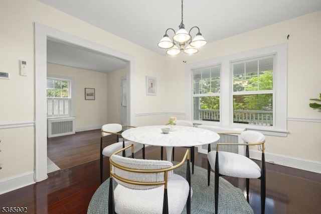 72 Meadowbrook Rd, Millburn Twp, NJ 07078 - dining room with a chandelier, dark wood finished floors, and radiator heating unit