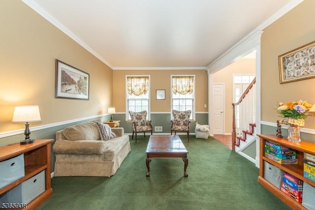 48 Saunders Ln, Mount Olive Twp, NJ 07840 - living area with stairs, crown molding, and carpet floors
