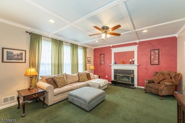 48 Saunders Ln, Mount Olive Twp, NJ 07840 - living room featuring a glass covered fireplace, coffered ceiling, carpet floors, a ceiling fan, and recessed lighting