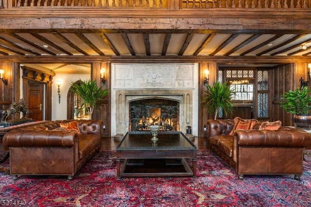 12 Canfield Rd, Morris Twp, NJ 07960 - living area with a warm lit fireplace and beamed ceiling