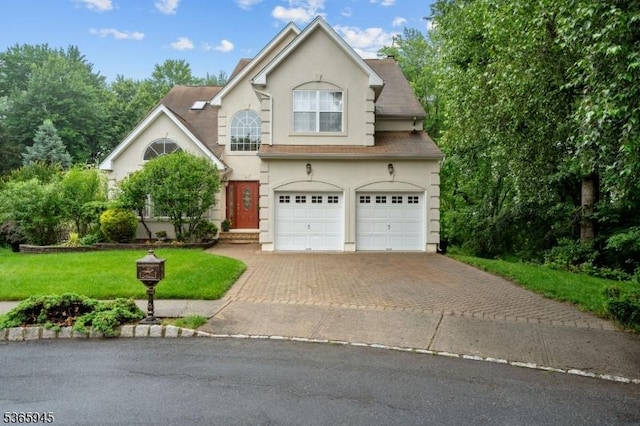 51 Bertran Dr, Bridgewater Twp, NJ 08807 - traditional-style house featuring stucco siding, decorative driveway, a front yard, and a garage