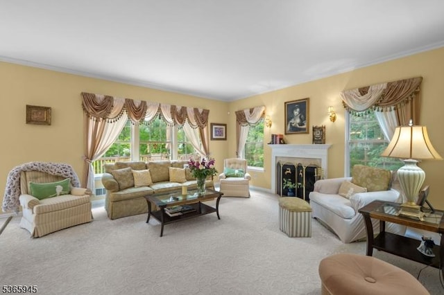 51 Bertran Dr, Bridgewater Twp, NJ 08807 - living room with carpet floors, a fireplace, and crown molding