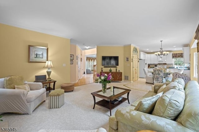 51 Bertran Dr, Bridgewater Twp, NJ 08807 - living area featuring a chandelier, crown molding, and recessed lighting