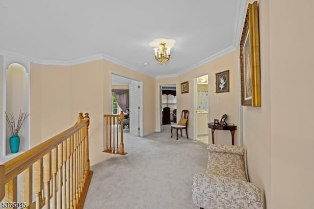 51 Bertran Dr, Bridgewater Twp, NJ 08807 - hallway with an upstairs landing, carpet, a chandelier, and crown molding