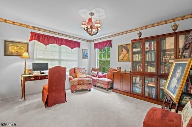 51 Bertran Dr, Bridgewater Twp, NJ 08807 - living area with a chandelier, carpet flooring, and a desk