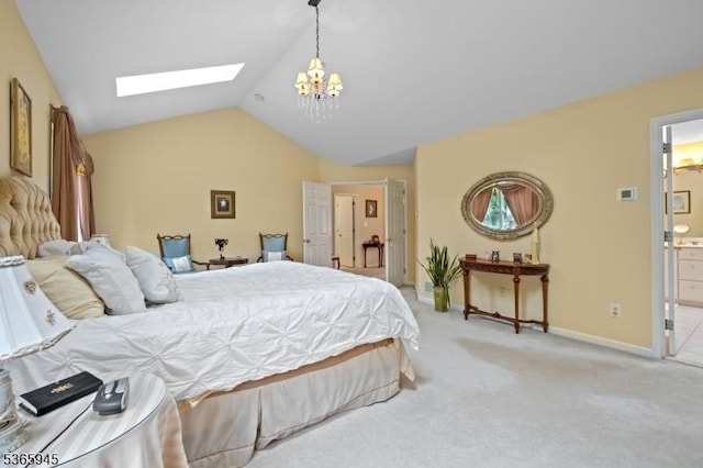 51 Bertran Dr, Bridgewater Twp, NJ 08807 - carpeted bedroom featuring a skylight, a chandelier, vaulted ceiling, and connected bathroom