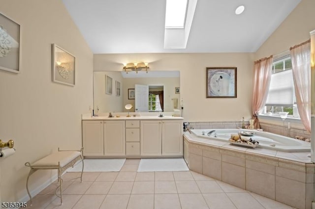 51 Bertran Dr, Bridgewater Twp, NJ 08807 - bathroom featuring vaulted ceiling, a garden tub, double vanity, and tile patterned floors