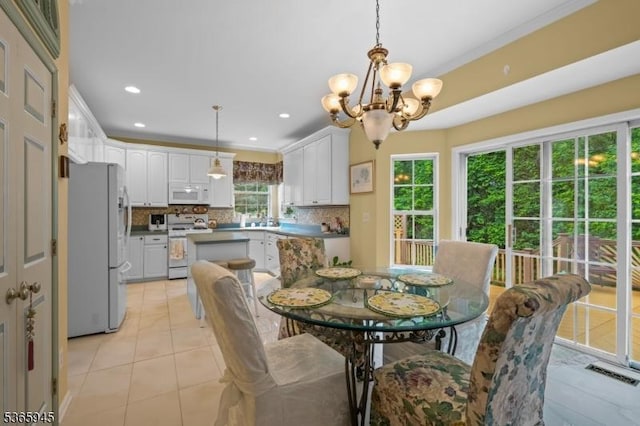 51 Bertran Dr, Bridgewater Twp, NJ 08807 - dining room featuring a chandelier, light tile patterned floors, and recessed lighting