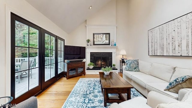 10 Walnut Grove Rd, Hillsborough Twp, NJ 08844 - living area featuring high vaulted ceiling, light wood-style flooring, and a lit fireplace