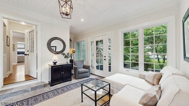 10 Walnut Grove Rd, Hillsborough Twp, NJ 08844 - living area with french doors, crown molding, plenty of natural light, recessed lighting, and a chandelier