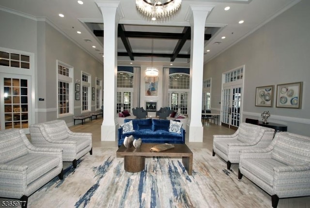 10 Cliff Rd Unit A3, Woodland Park, NJ 07424 - living room with french doors, coffered ceiling, crown molding, a towering ceiling, and recessed lighting