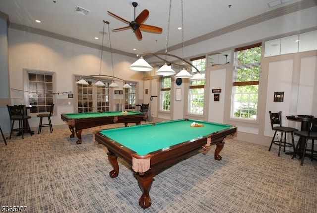 10 Cliff Rd Unit A3, Woodland Park, NJ 07424 - game room featuring ornamental molding, pool table, ceiling fan, recessed lighting, and carpet flooring
