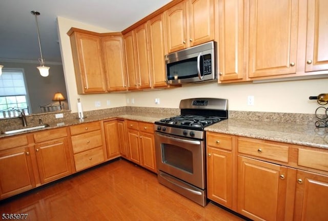 10 Cliff Rd Unit A3, Woodland Park, NJ 07424 - kitchen featuring stainless steel appliances, crown molding, light stone countertops, dark wood-type flooring, and pendant lighting