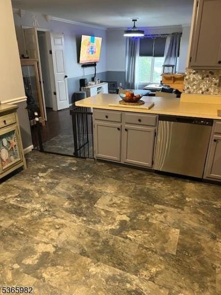 1212 Beaver Dam Rd Unit 15, Point Pleasant Boro, NJ 08742 - kitchen featuring stainless steel dishwasher, gray cabinets, a peninsula, light countertops, and tasteful backsplash