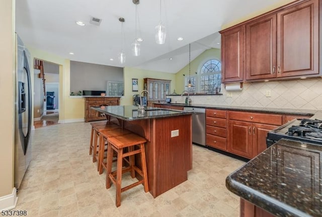 36 Crestview Dr, Clinton Twp, NJ 08809 - kitchen with stainless steel dishwasher, lofted ceiling, fridge with ice dispenser, dark stone counters, and decorative backsplash