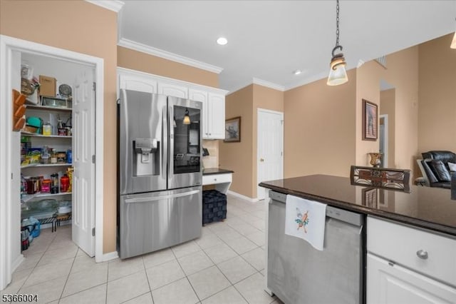 18 Running Brook Cir, Raritan Twp, NJ 08822 - kitchen with stainless steel refrigerator with ice dispenser, ornamental molding, white cabinetry, dark countertops, and decorative light fixtures