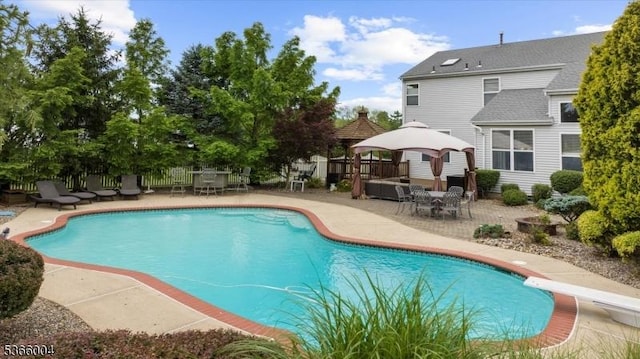 18 Running Brook Cir, Raritan Twp, NJ 08822 - outdoor pool with a gazebo, a patio, a diving board, and outdoor dining area