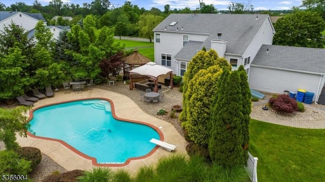 18 Running Brook Cir, Raritan Twp, NJ 08822 - outdoor pool with a gazebo, a patio, outdoor dining area, a diving board, and a yard