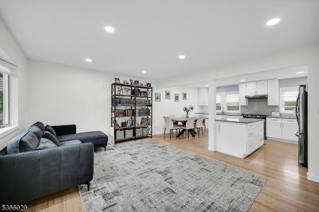 65 Lorraine Dr, Clifton City, NJ 07012 - living room featuring healthy amount of natural light, recessed lighting, light wood finished floors, and ornate columns