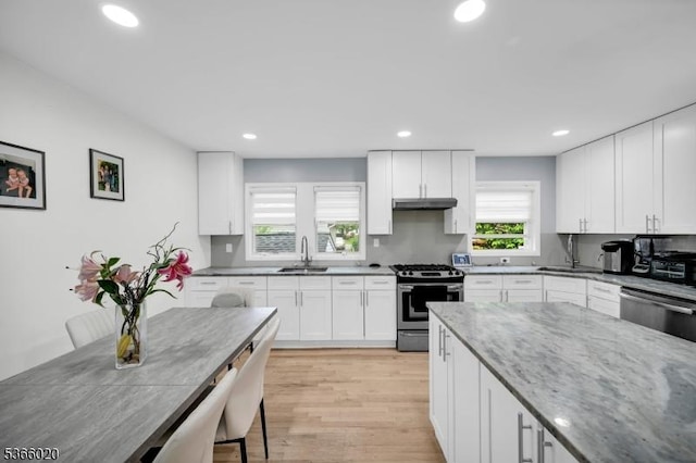 65 Lorraine Dr, Clifton City, NJ 07012 - kitchen featuring appliances with stainless steel finishes, under cabinet range hood, recessed lighting, white cabinets, and light stone countertops