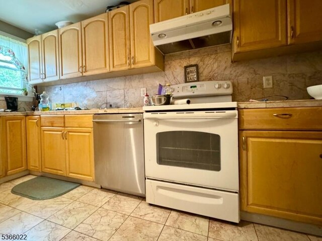 77 Belvidere Ave, Oxford Twp, NJ 07863 - kitchen with white range with electric cooktop, under cabinet range hood, dishwasher, decorative backsplash, and tile countertops