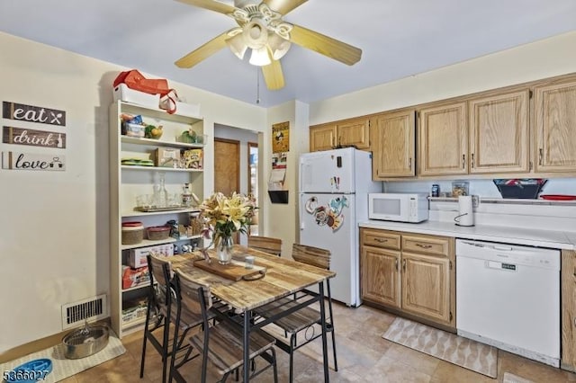 132 N 17th St, Prospect Park Boro, NJ 07508 - kitchen with white appliances, a ceiling fan, light countertops, and open shelves