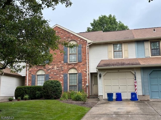 38 Fox Hill Ln, Hillsborough Twp, NJ 08844 - townhome / multi-family property featuring concrete driveway, a front lawn, brick siding, and a garage