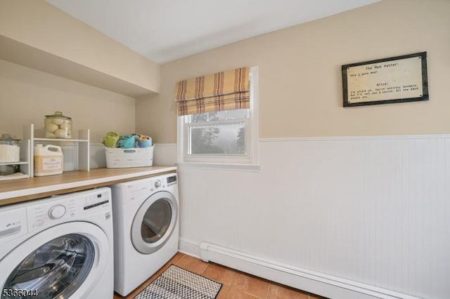 202 N Rd, Chester Twp, NJ 07930 - laundry area featuring a baseboard radiator, washer and dryer, and wainscoting