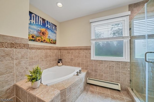 202 N Rd, Chester Twp, NJ 07930 - full bathroom featuring a baseboard radiator, a garden tub, a stall shower, tile patterned floors, and tile walls