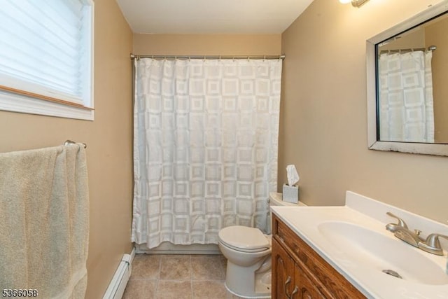19 Card St, Hamburg Boro, NJ 07419 - full bathroom featuring a baseboard heating unit, vanity, tile patterned floors, and a shower with shower curtain