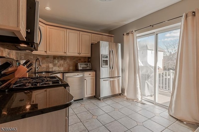 9 Cottage Ct, Berkeley Heights Twp, NJ 07922 - kitchen with appliances with stainless steel finishes, dark countertops, tasteful backsplash, and light brown cabinets