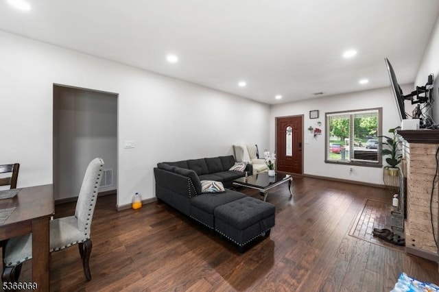 9 Beavers St, High Bridge Boro, NJ 08829 - living room featuring dark wood-type flooring, recessed lighting, and a brick fireplace