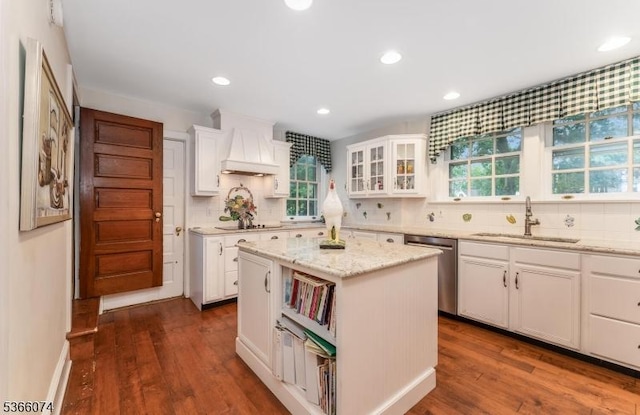 701 Hillcrest Blvd, Phillipsburg Town, NJ 08865 - kitchen featuring dishwasher, backsplash, custom range hood, white cabinetry, and dark wood-style floors