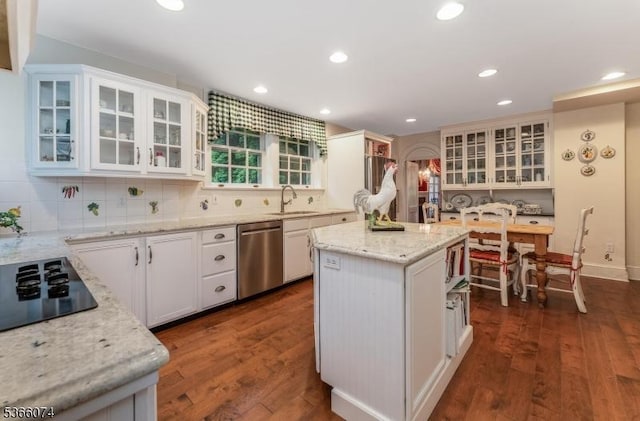 701 Hillcrest Blvd, Phillipsburg Town, NJ 08865 - kitchen featuring stainless steel dishwasher, black electric cooktop, white cabinets, decorative backsplash, and recessed lighting