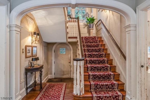701 Hillcrest Blvd, Phillipsburg Town, NJ 08865 - foyer featuring arched walkways, wood finished floors, and stairway