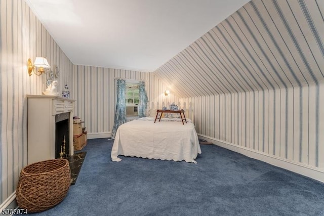 701 Hillcrest Blvd, Phillipsburg Town, NJ 08865 - bedroom with dark carpet, lofted ceiling, and a fireplace