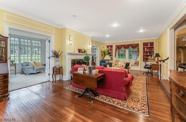 701 Hillcrest Blvd, Phillipsburg Town, NJ 08865 - living area featuring crown molding, wood finished floors, a high end fireplace, built in shelves, and recessed lighting